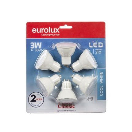 G797CW - LED Plastic GU10 3w 4000K 6 Pack